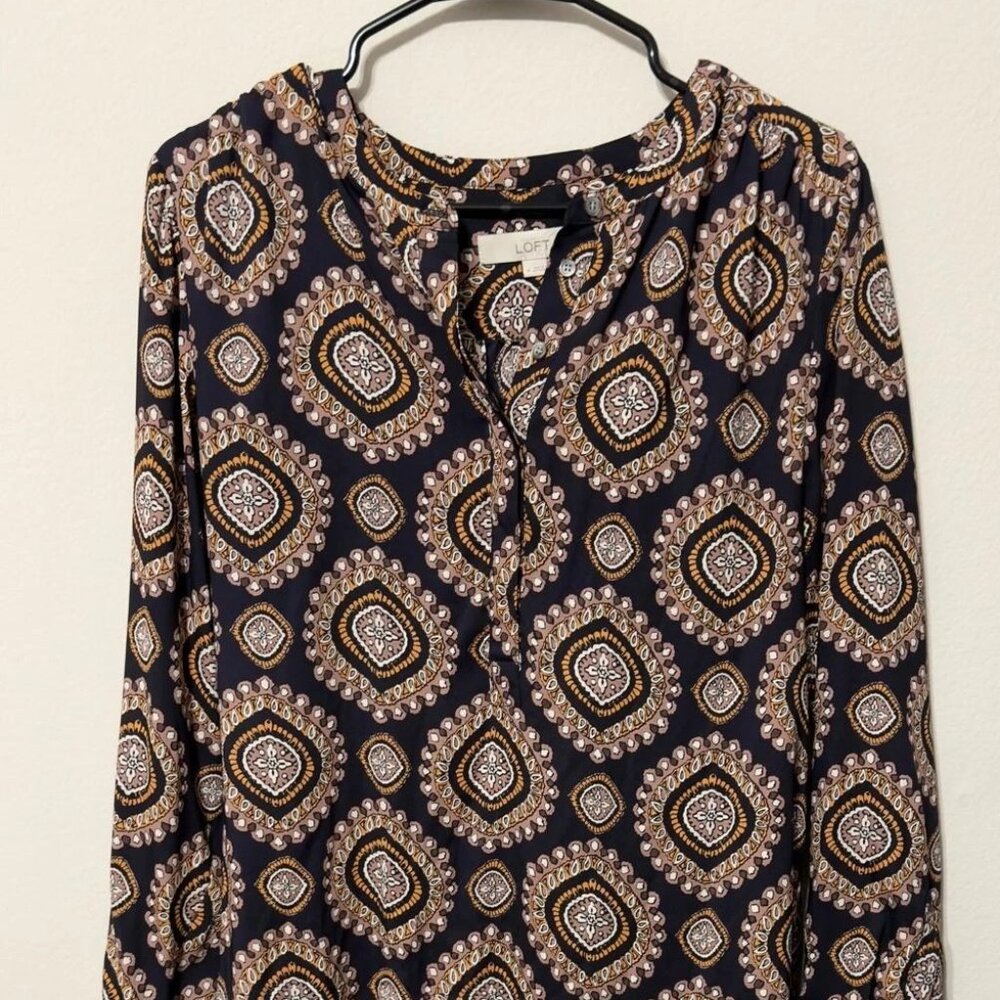 Ann Taylor Loft Women's Long Shirt Tunic Dress Blue Brown Print Size M